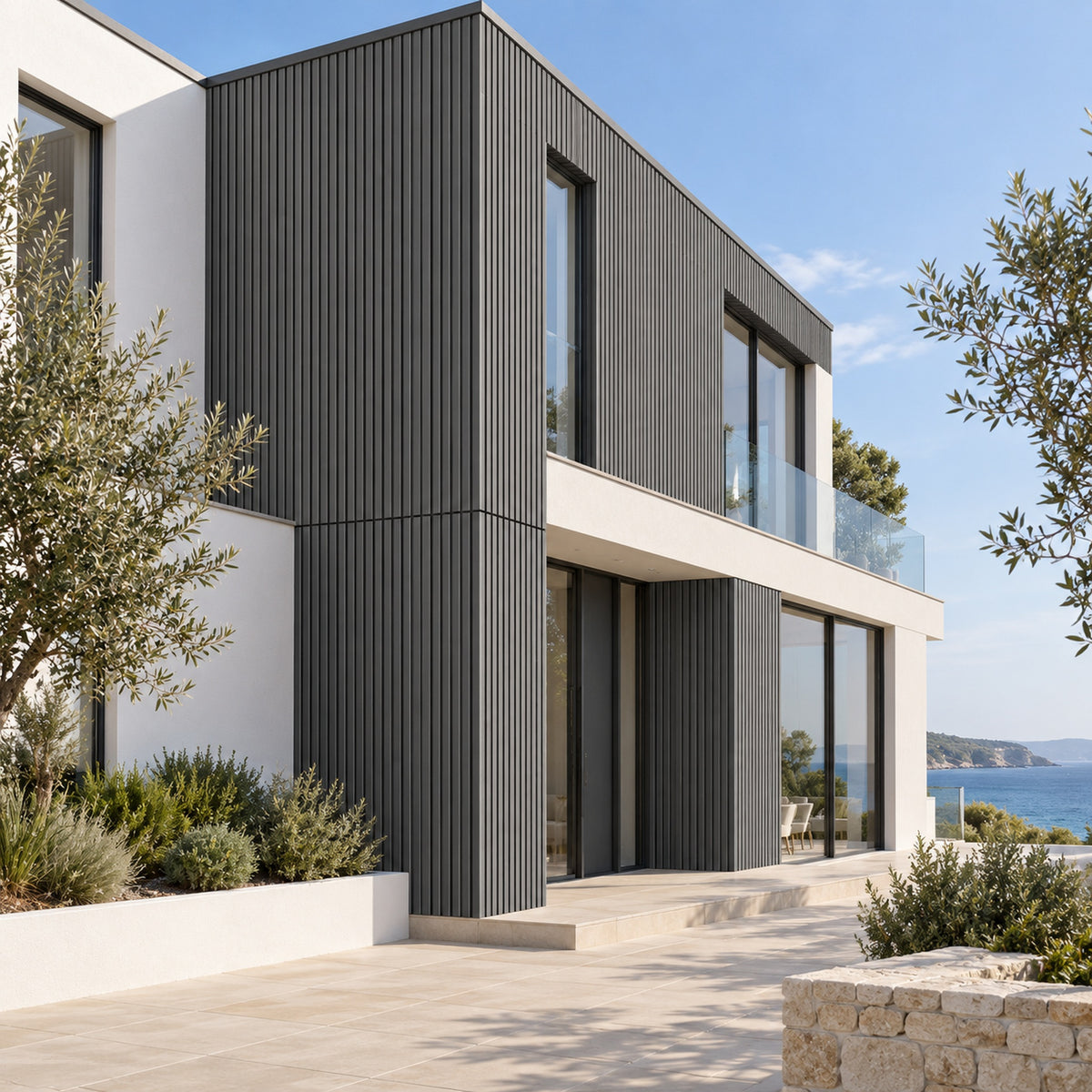 Graphite Grey Prestige slatted EXTERNAL corner Female to Female — installed architectural visualisation