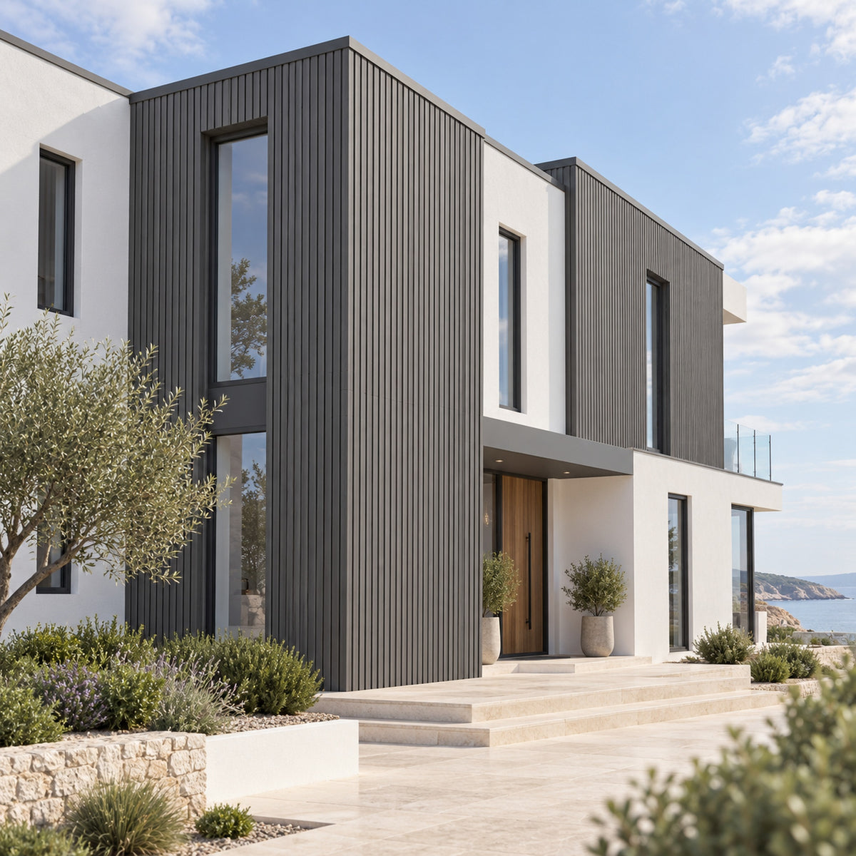 Graphite Grey Prestige slatted EXTERNAL corner Female to Female — installed architectural visualisation