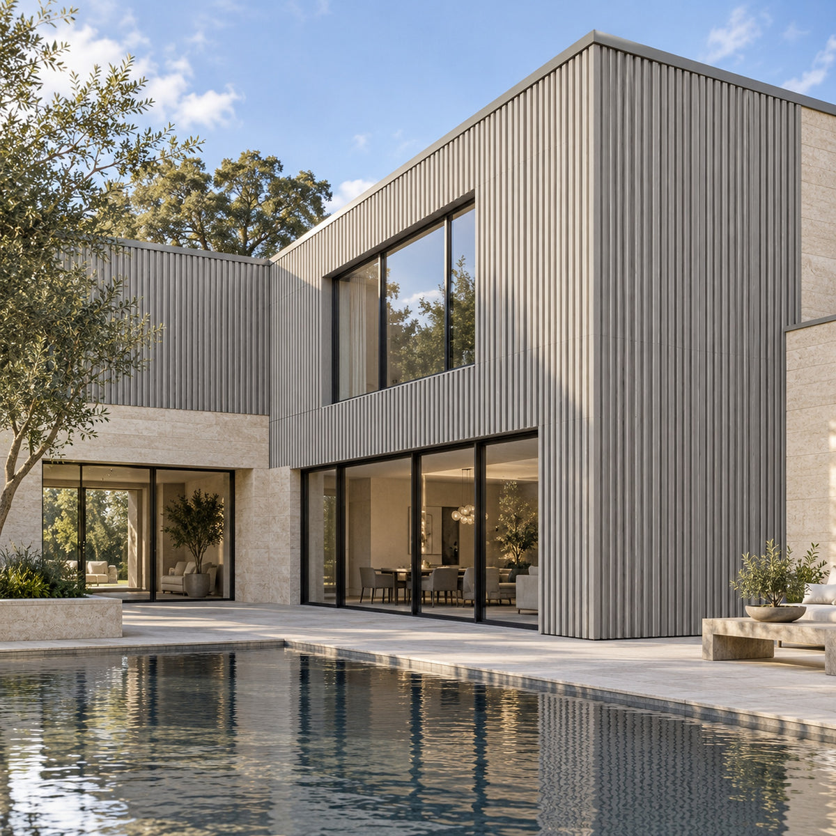Driftwood Prestige slatted EXTERNAL corner Male to Female — installed architectural visualisation