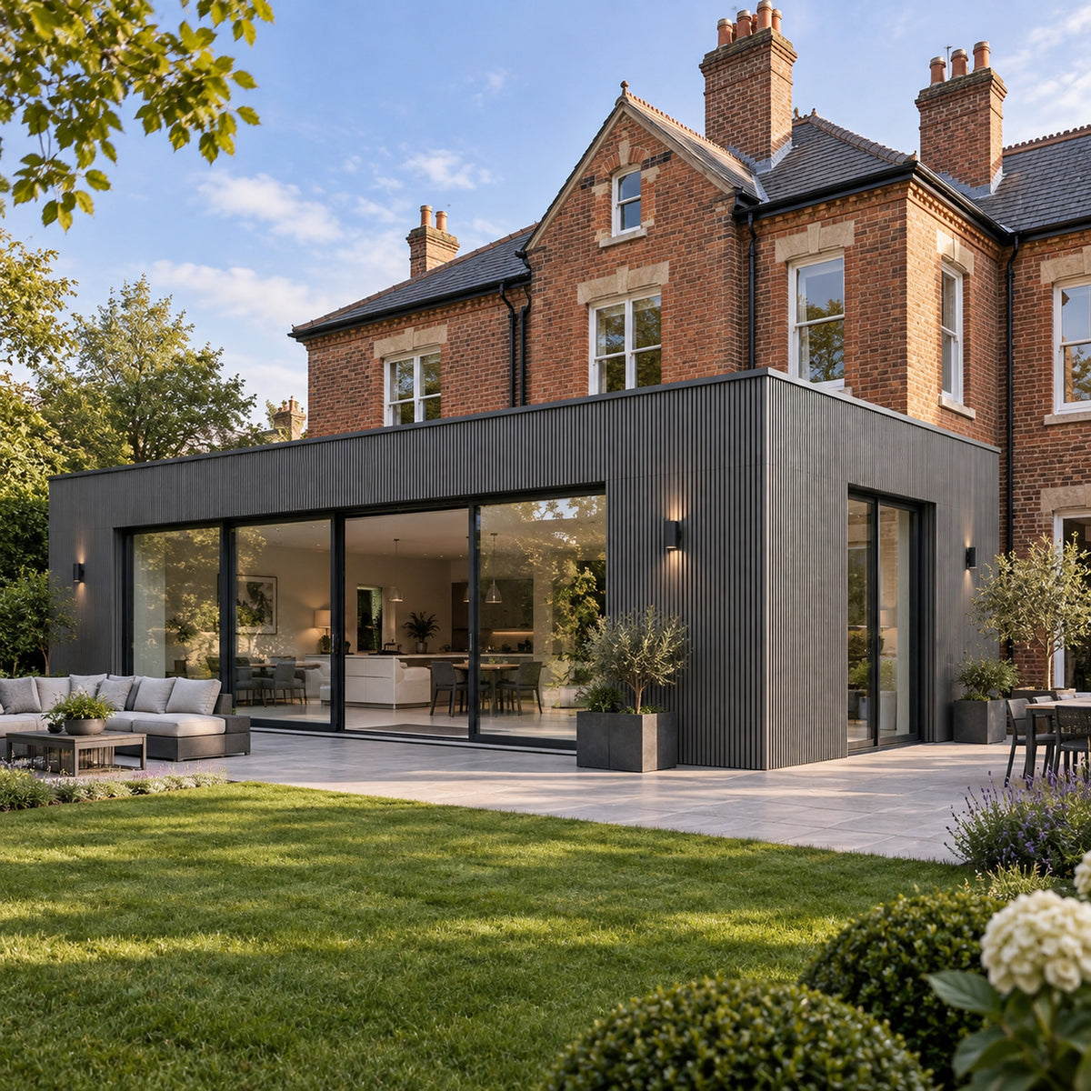 Graphite Grey Prestige slatted EXTERNAL corner Male to Female — installed architectural visualisation