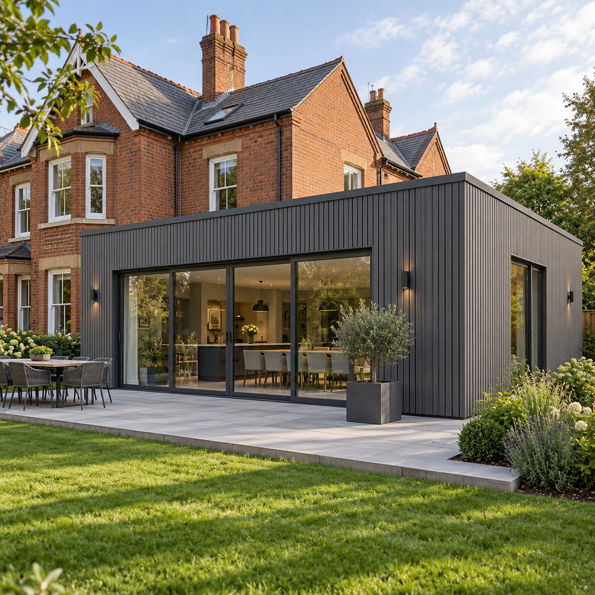 Graphite Grey Prestige slatted EXTERNAL corner Male to Female — installed architectural visualisation
