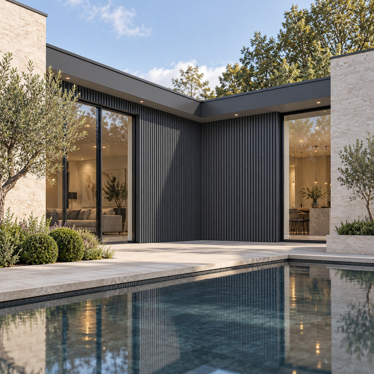 Anthracite Grey Prestige slatted INTERNAL corner trim — installed architectural visualisation