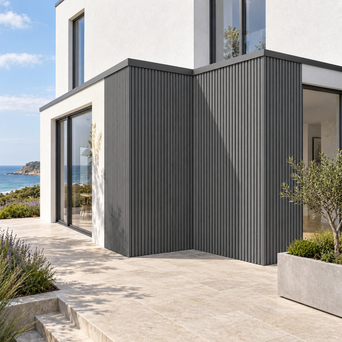 Graphite Grey Prestige slatted INTERNAL corner trim — installed architectural visualisation