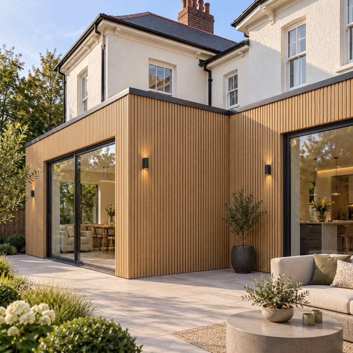 Natural Oak Prestige slatted INTERNAL corner trim — installed architectural visualisation