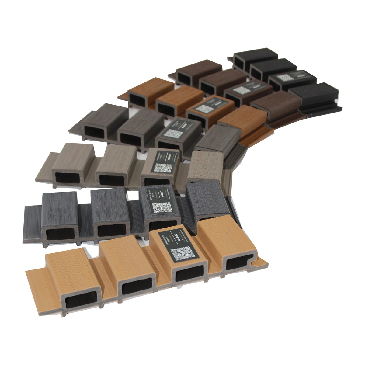 Seven Prestige slatted cladding samples showing woodgrain finishes and board profiles