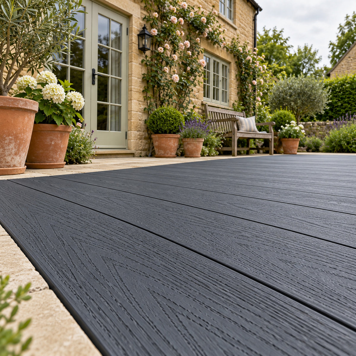 Anthracite Grey Prestige standard decking — different projects — installed detail visualisation