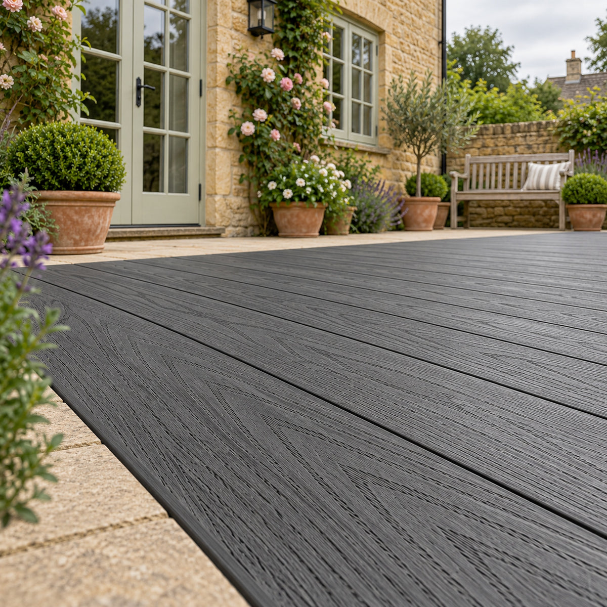 Graphite Grey Prestige standard decking — different projects — installed detail visualisation