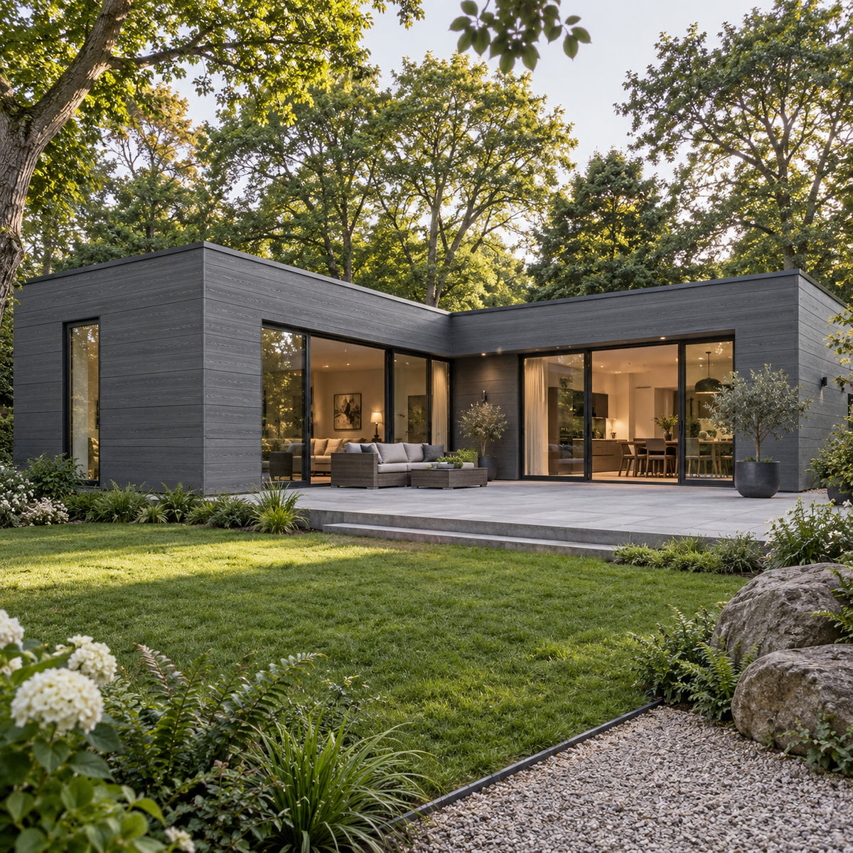 Anthracite Grey Prestige woodgrain shiplap — installed architectural visualisation