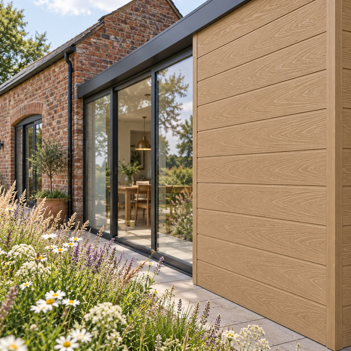 Natural Oak Prestige woodgrain shiplap — installed architectural visualisation