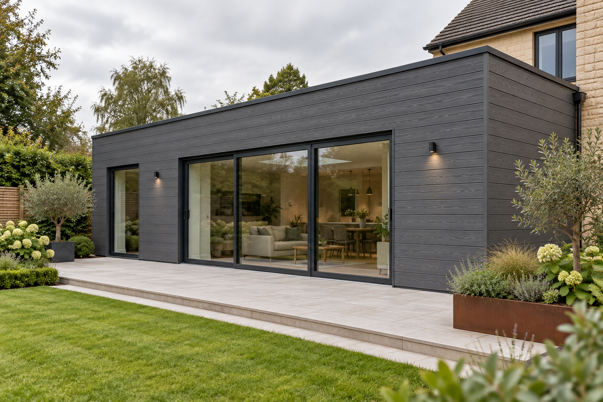 Anthracite Grey Signature woodgrain cladding, horizontal installation on a house extension — illustrative project scene
