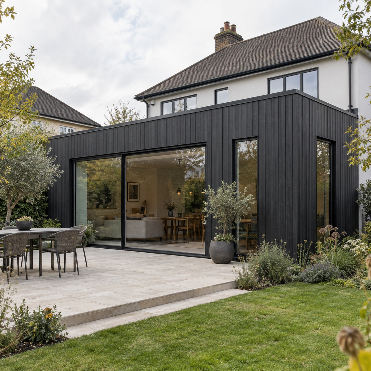 Charcoal Black Signature woodgrain cladding, vertical installation on a house extension — illustrative project scene