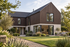 Chocolate Signature woodgrain cladding, vertical installation on a house — illustrative project scene