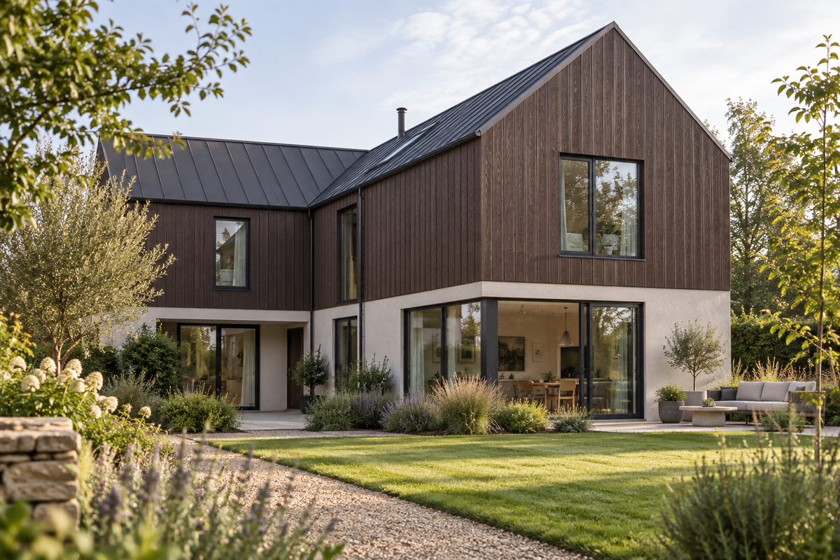 Chocolate Signature woodgrain cladding, vertical installation on a house — illustrative project scene