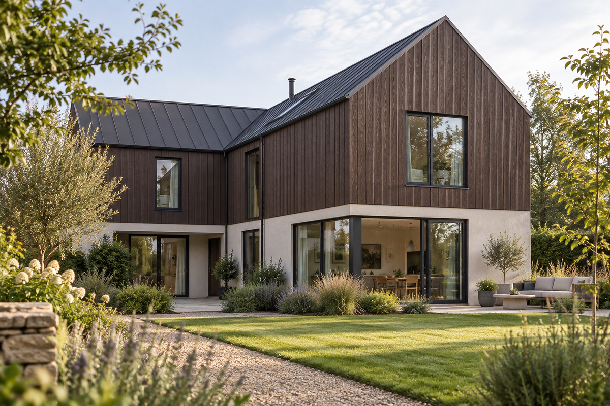 Chocolate Signature woodgrain cladding, vertical installation on a house — illustrative project scene