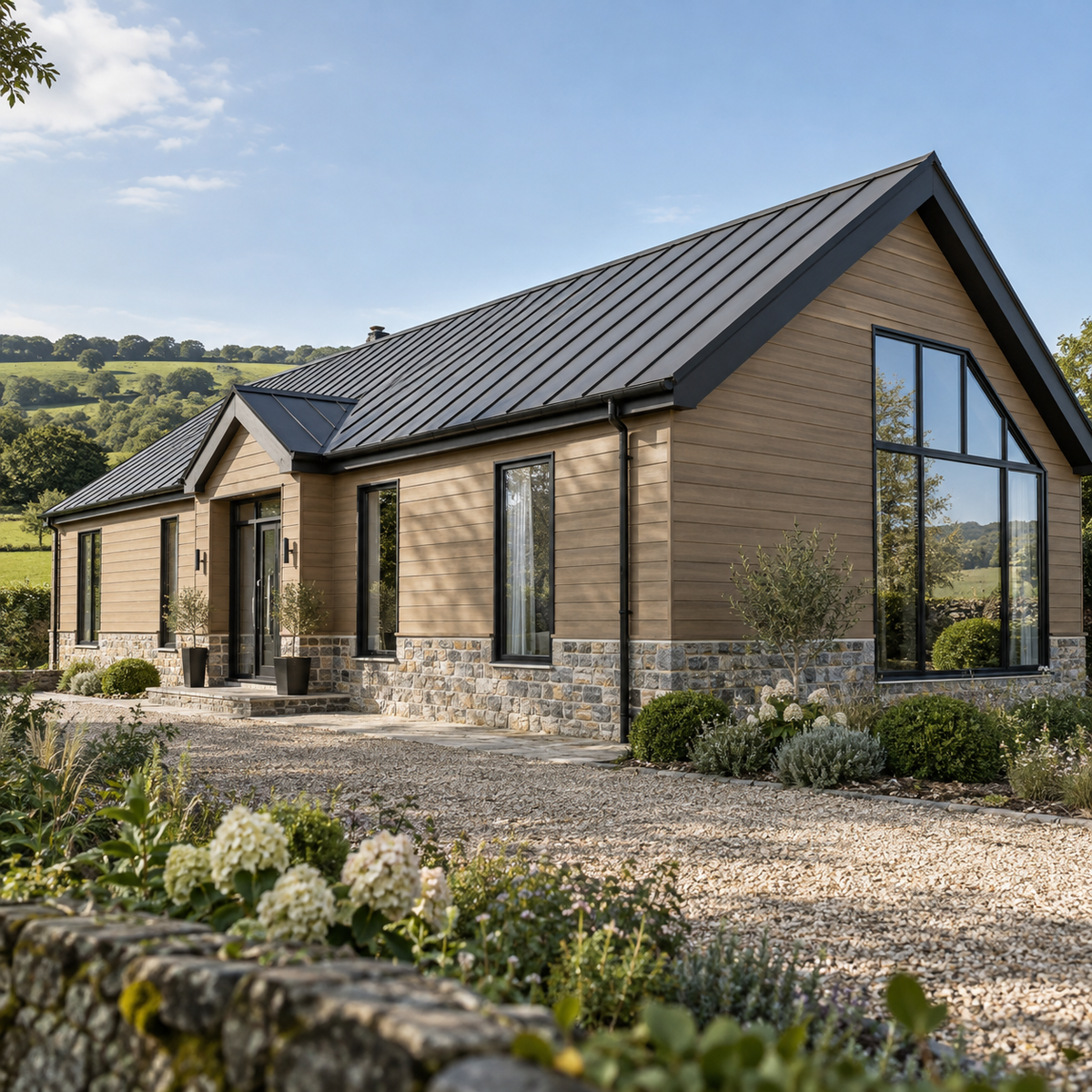 Oak Signature woodgrain cladding, horizontal installation on a house — illustrative project scene