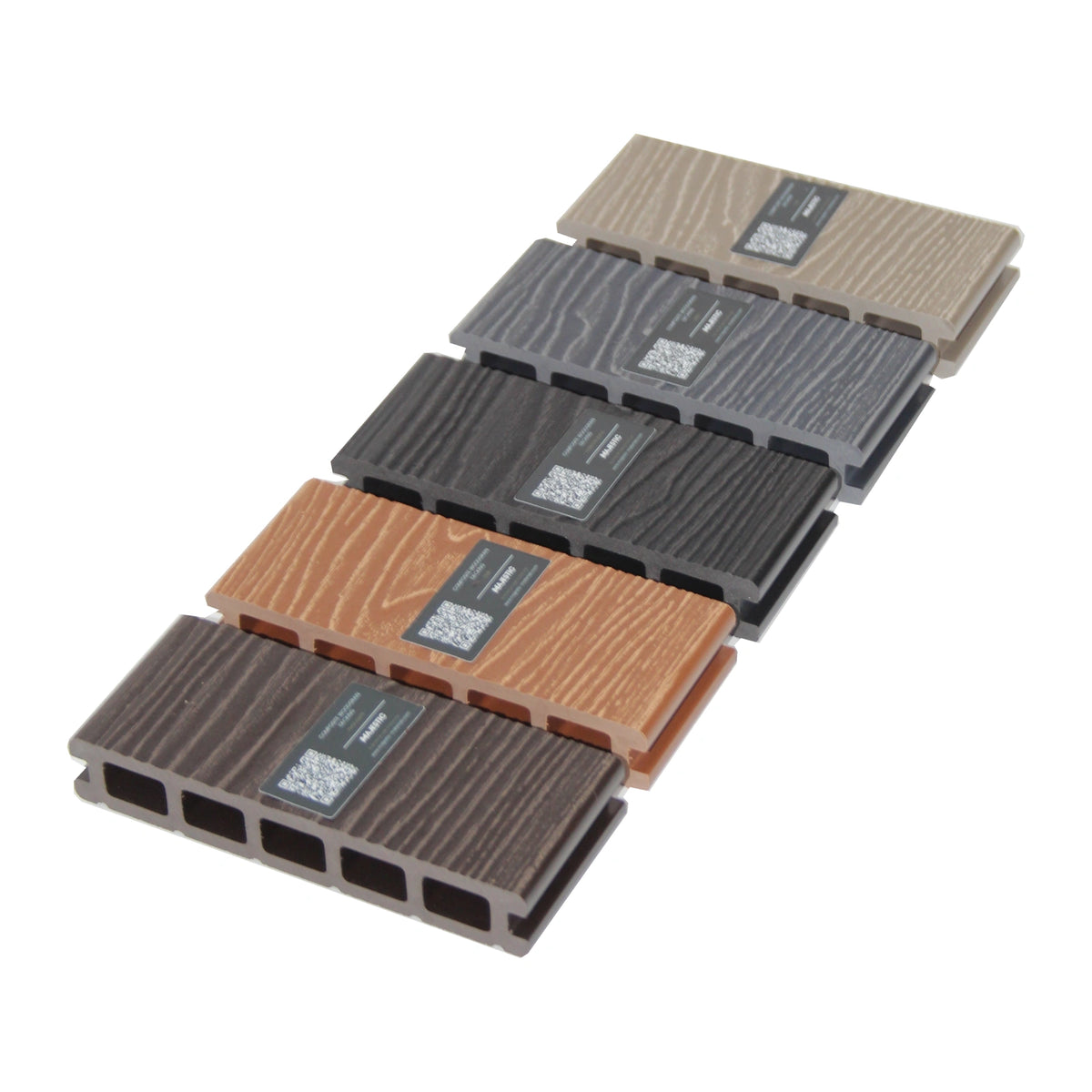 Signature woodgrain composite decking samples showing board colours, finishes and profiles