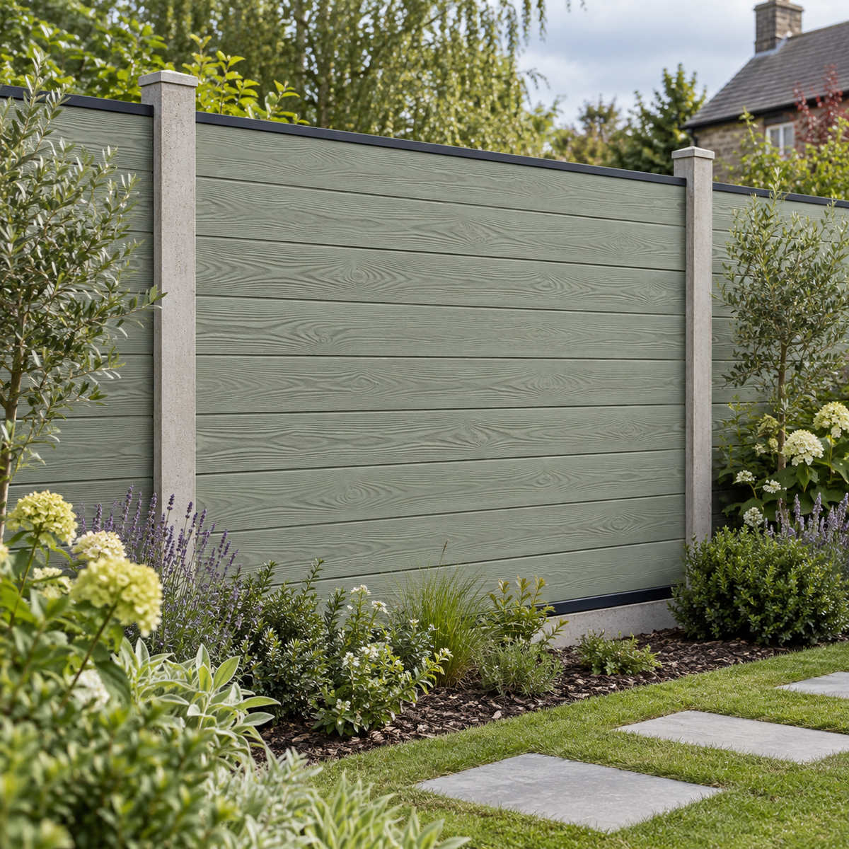 Sage Signature woodgrain fencing with embossed sanded finish and black rails — generated garden illustration