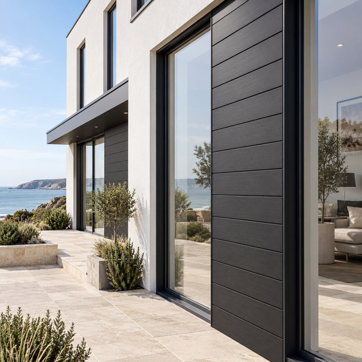 Charcoal Black Signature smooth shiplap — installed architectural visualisation