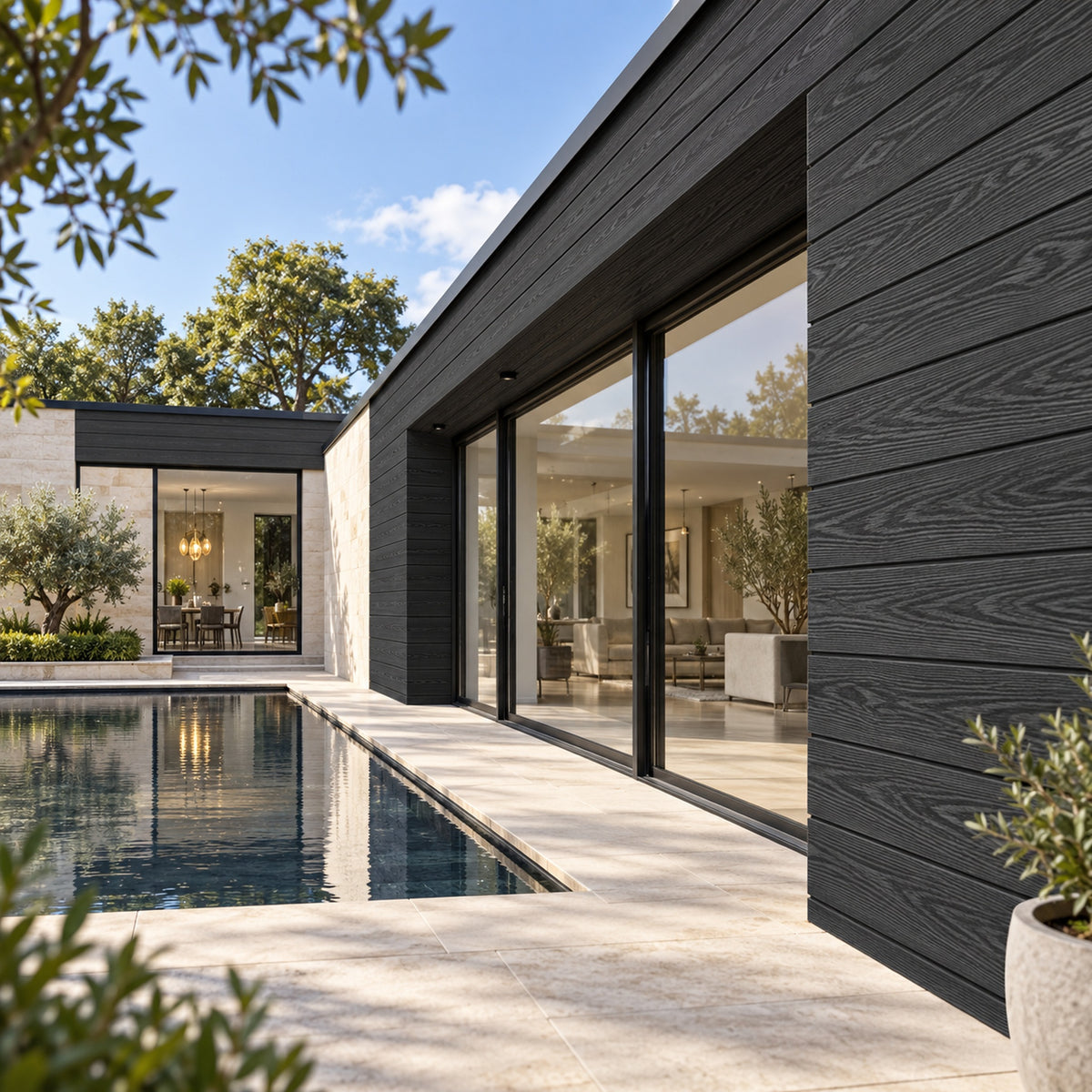 Charcoal Black Signature woodgrain shiplap — installed architectural visualisation