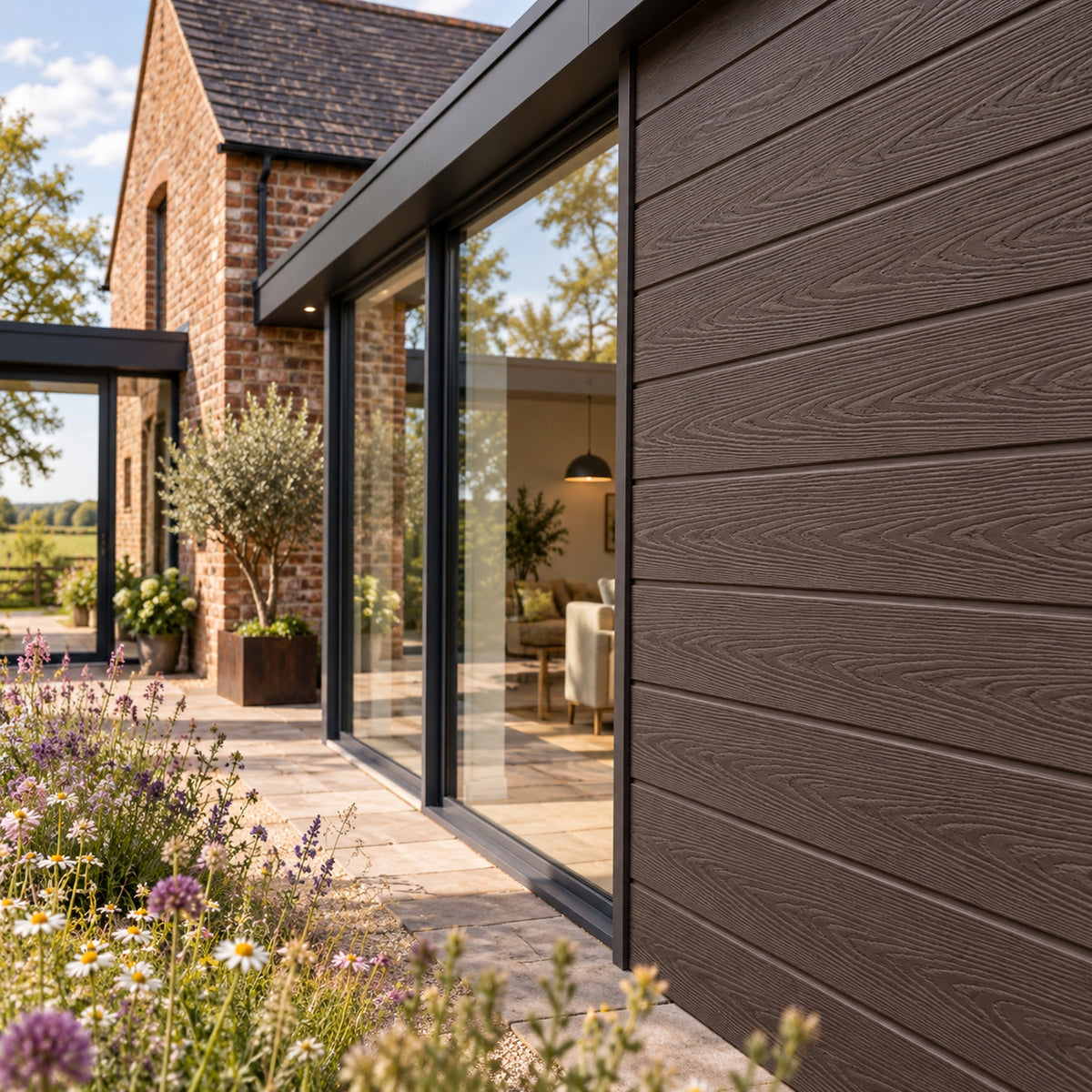 Chocolate Signature woodgrain shiplap — installed architectural visualisation