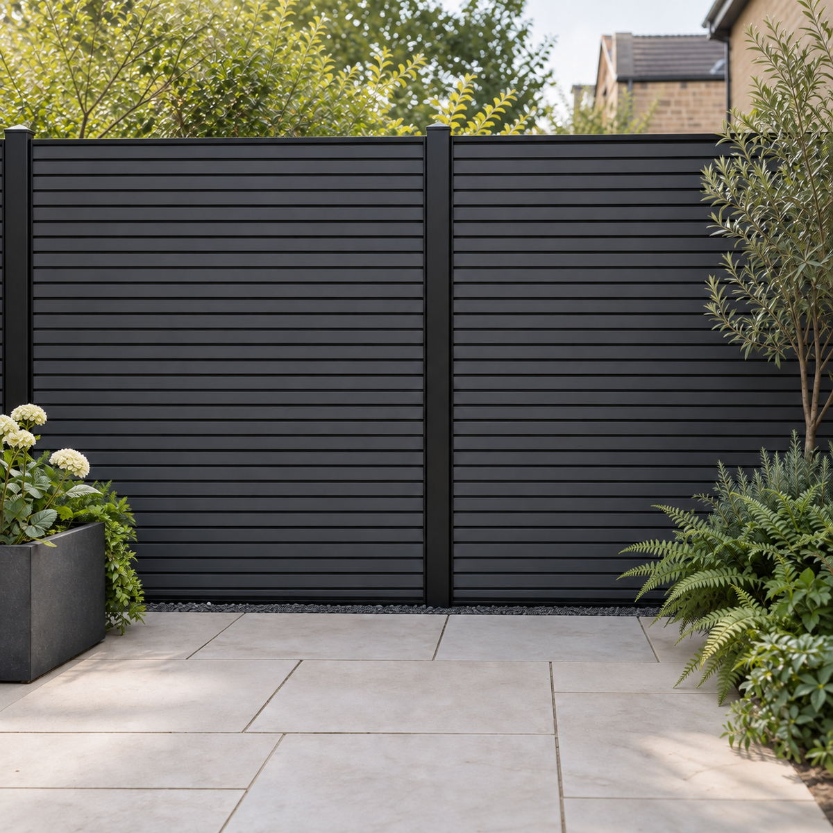Charcoal Black slatted composite fencing with narrow slat faces and slim black rails — generated garden illustration