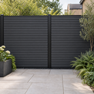 Charcoal Black slatted composite fencing with narrow slat faces and slim black rails — generated garden illustration