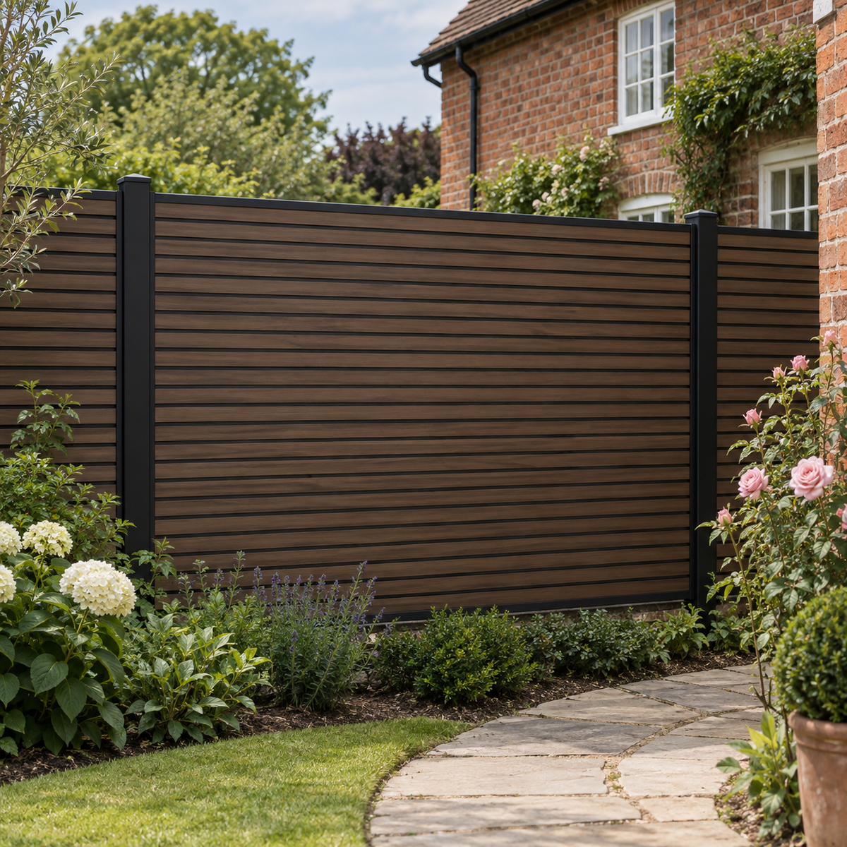 Walnut slatted composite fencing with narrow slat faces and slim black rails — generated garden illustration